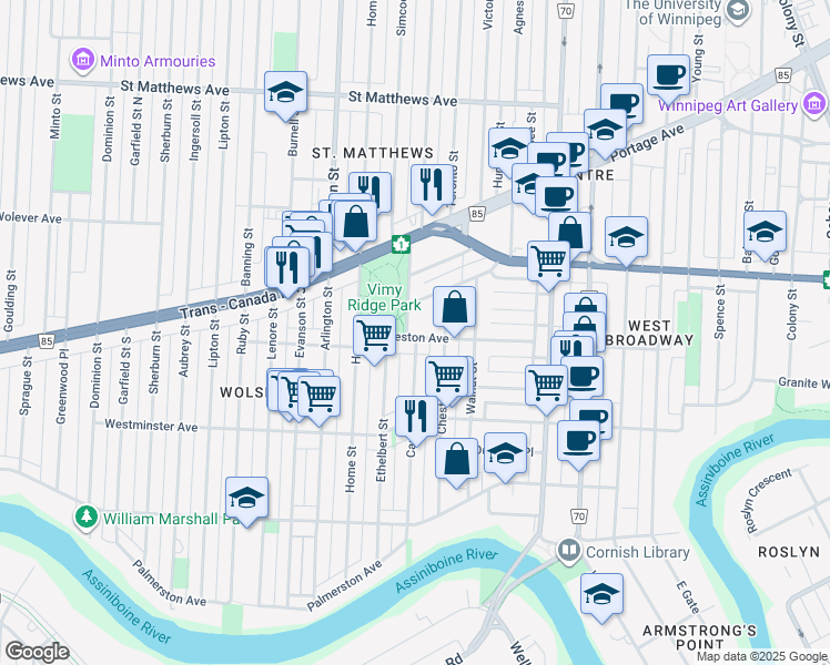 map of restaurants, bars, coffee shops, grocery stores, and more near 203 Canora Street in Winnipeg