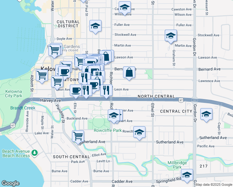 map of restaurants, bars, coffee shops, grocery stores, and more near 737 Leon Avenue in Kelowna