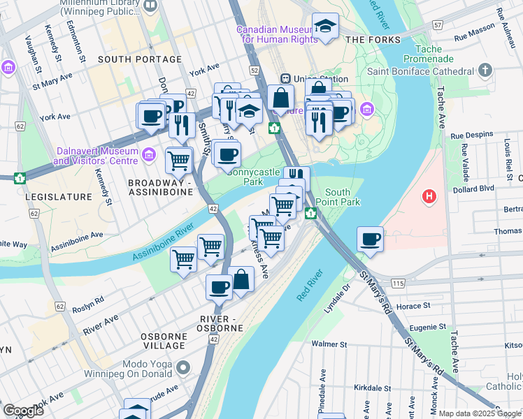 map of restaurants, bars, coffee shops, grocery stores, and more near 145 Mayfair Avenue in Winnipeg