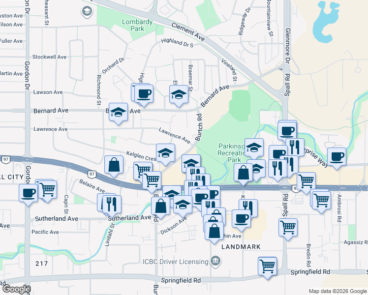 map of restaurants, bars, coffee shops, grocery stores, and more near 1530 Kelglen Crescent in Kelowna