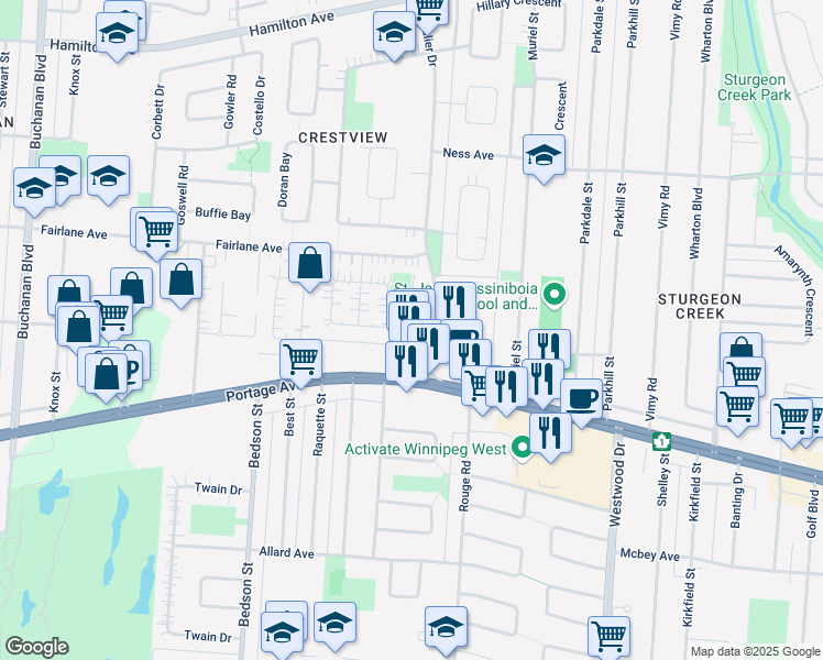 map of restaurants, bars, coffee shops, grocery stores, and more near 8-3421 Portage Avenue in Winnipeg