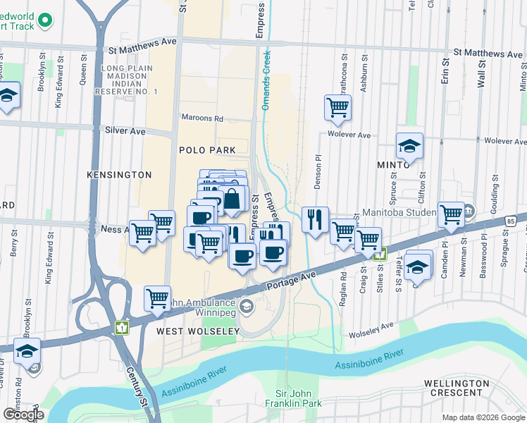 map of restaurants, bars, coffee shops, grocery stores, and more near 599 Empress Street in Winnipeg