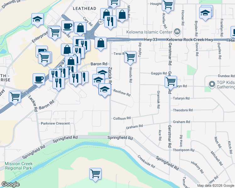 map of restaurants, bars, coffee shops, grocery stores, and more near 1485 Renfrew Road in Kelowna