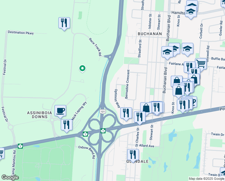map of restaurants, bars, coffee shops, grocery stores, and more near 66 Optimist Way in Winnipeg