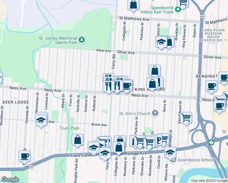 map of restaurants, bars, coffee shops, grocery stores, and more near 343 Ferry Road in Winnipeg