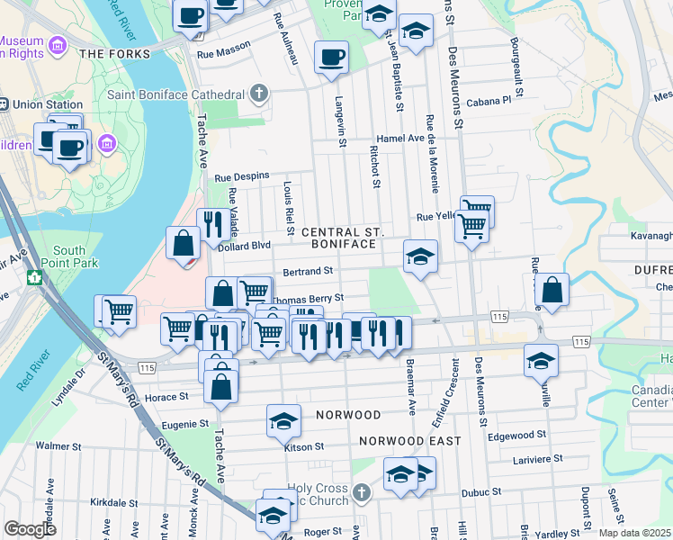 map of restaurants, bars, coffee shops, grocery stores, and more near 238 Bertrand St in Winnipeg