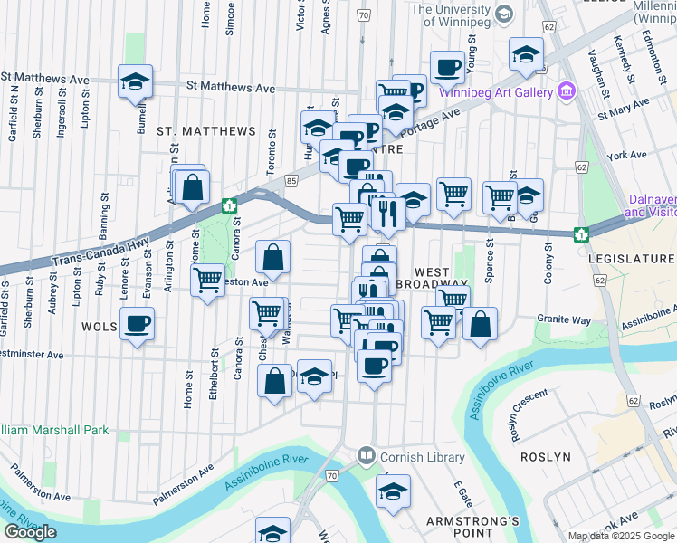map of restaurants, bars, coffee shops, grocery stores, and more near Fawcett Avenue in Winnipeg