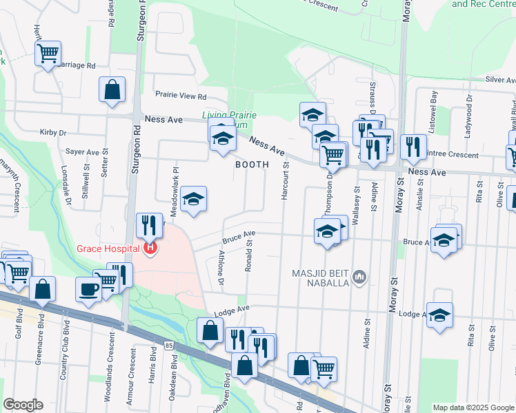 map of restaurants, bars, coffee shops, grocery stores, and more near 62 Athlone Drive in Winnipeg