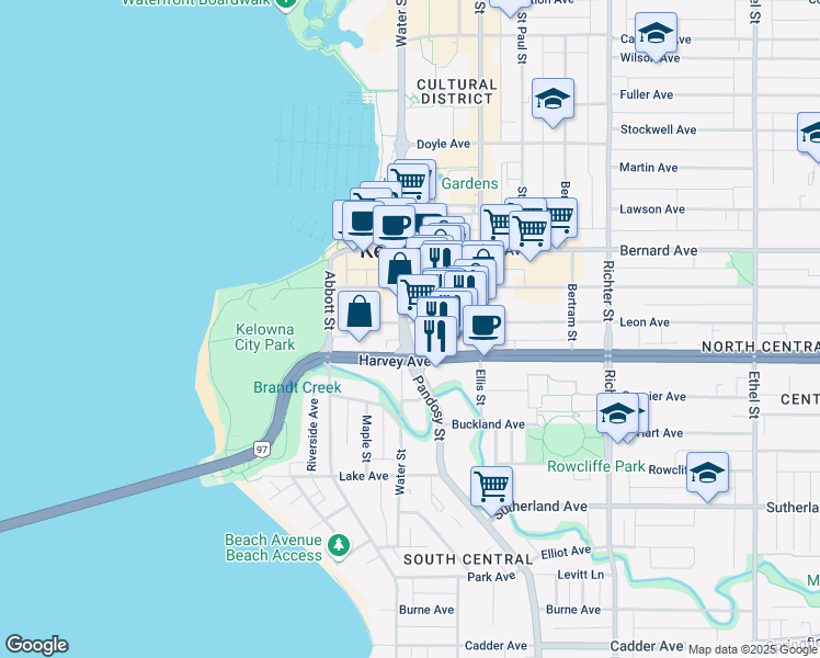 map of restaurants, bars, coffee shops, grocery stores, and more near 380 Harvey Avenue in Kelowna