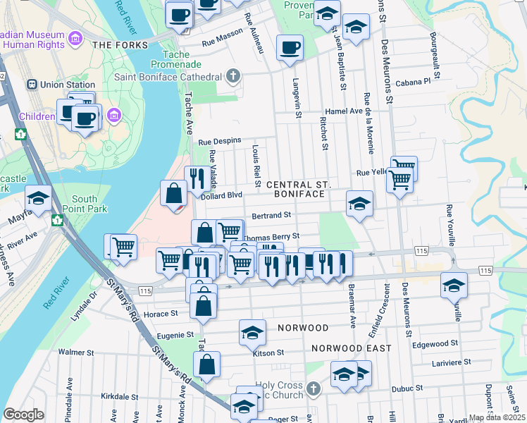 map of restaurants, bars, coffee shops, grocery stores, and more near in Winnipeg