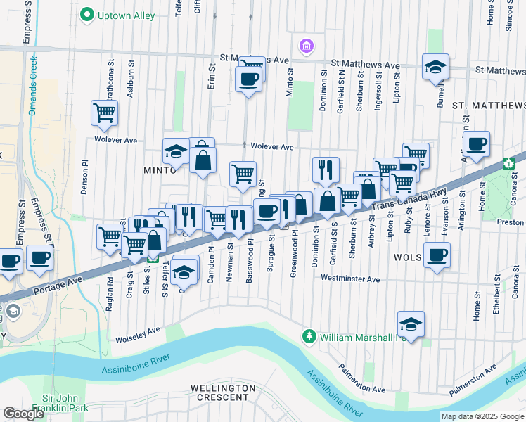 map of restaurants, bars, coffee shops, grocery stores, and more near 579 Goulding Street in Winnipeg