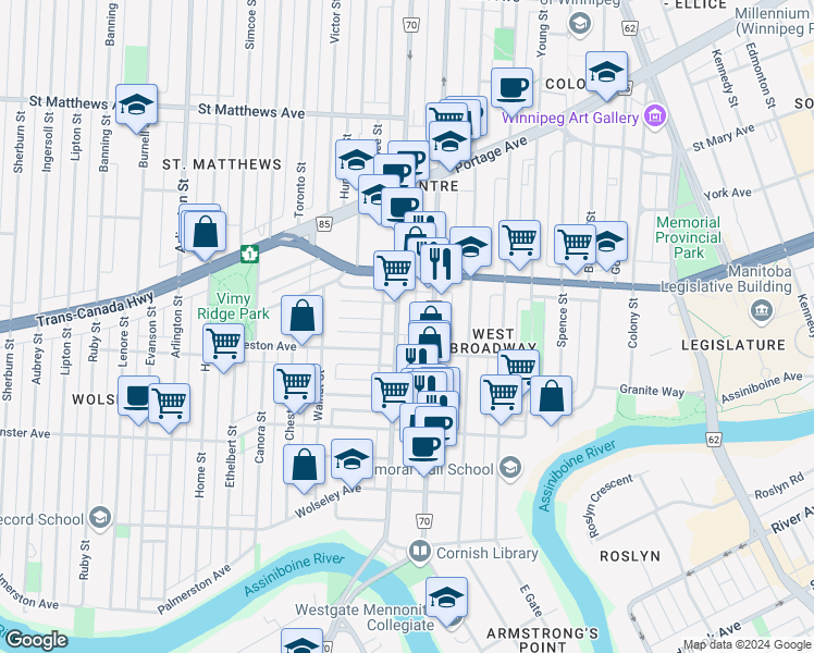 map of restaurants, bars, coffee shops, grocery stores, and more near 178 Route 70 in Winnipeg
