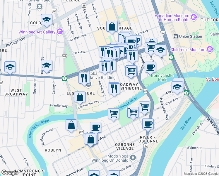 map of restaurants, bars, coffee shops, grocery stores, and more near 16 Edmonton Street in Winnipeg