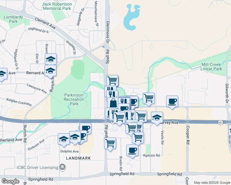 map of restaurants, bars, coffee shops, grocery stores, and more near 1920 Enterprise Way in Kelowna