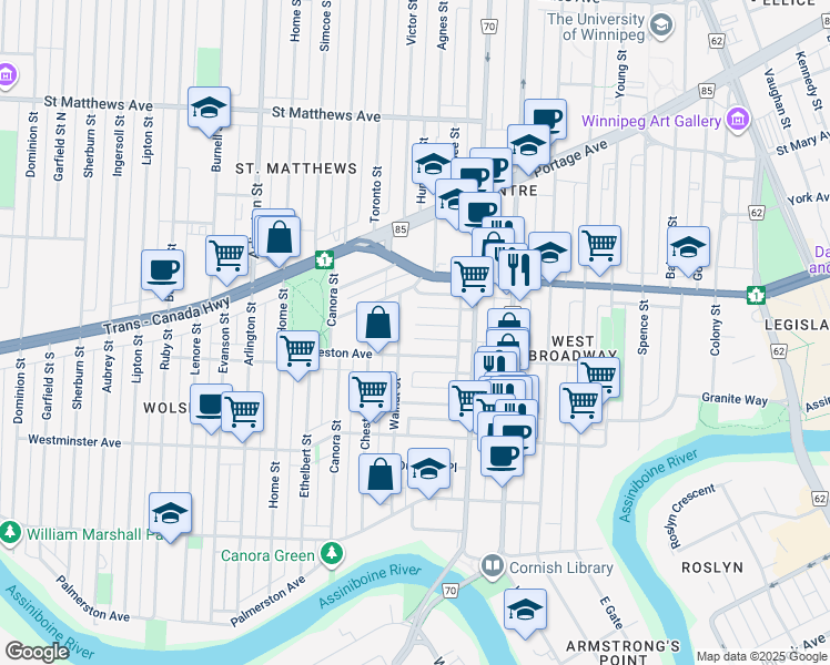 map of restaurants, bars, coffee shops, grocery stores, and more near 45 Fawcett Avenue in Winnipeg