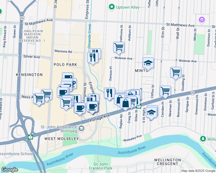map of restaurants, bars, coffee shops, grocery stores, and more near 636 Denson Place in Winnipeg