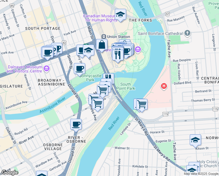 map of restaurants, bars, coffee shops, grocery stores, and more near 28 Main Street in Winnipeg