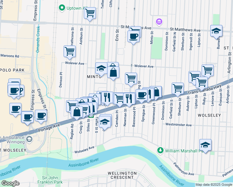 map of restaurants, bars, coffee shops, grocery stores, and more near 601 Erin Street in Winnipeg