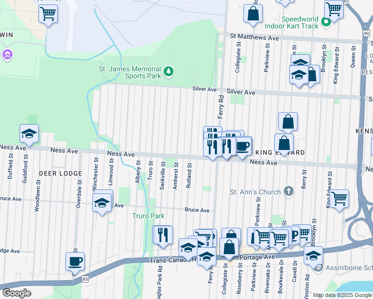 map of restaurants, bars, coffee shops, grocery stores, and more near 352 Rutland Street in Winnipeg