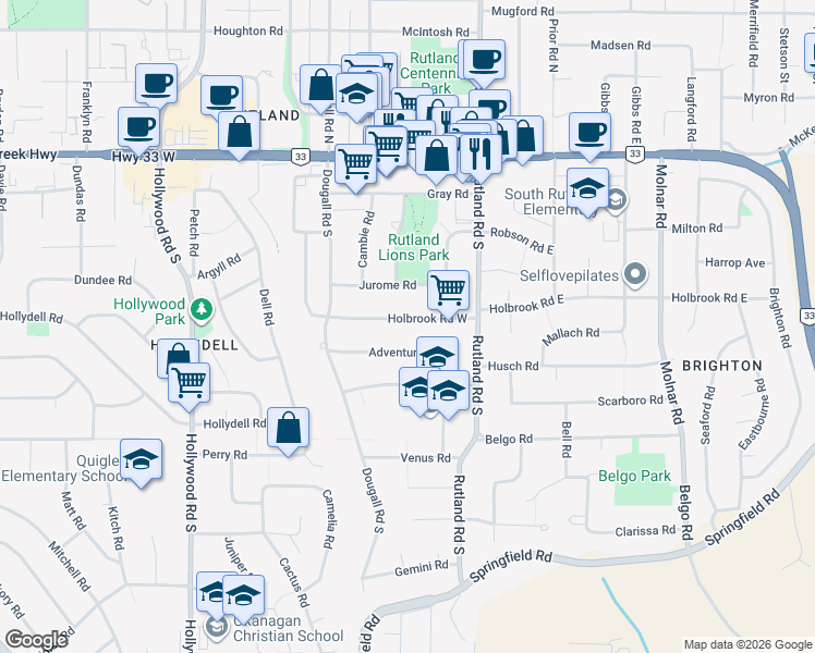 map of restaurants, bars, coffee shops, grocery stores, and more near 230 Adventure Road in Kelowna