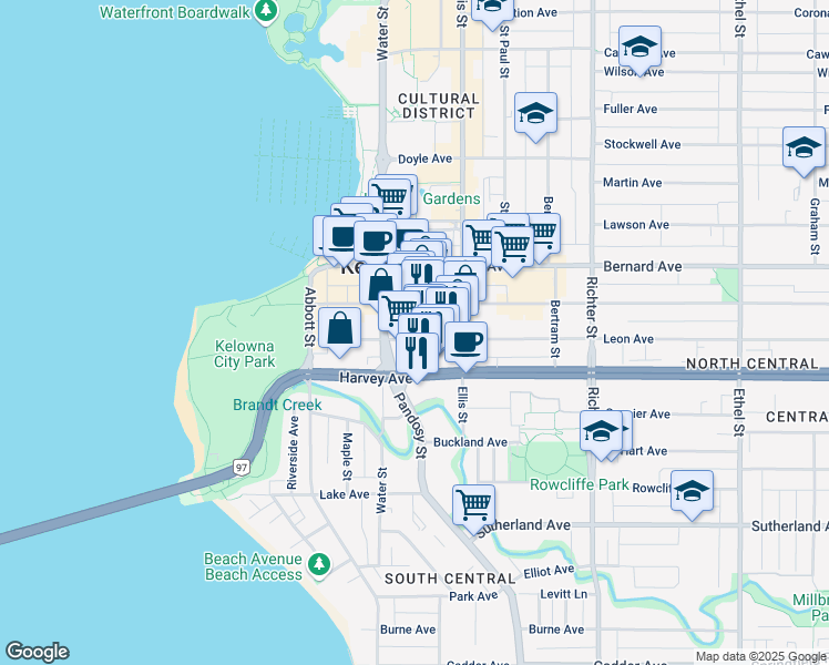 map of restaurants, bars, coffee shops, grocery stores, and more near 380 Harvey Avenue in Kelowna