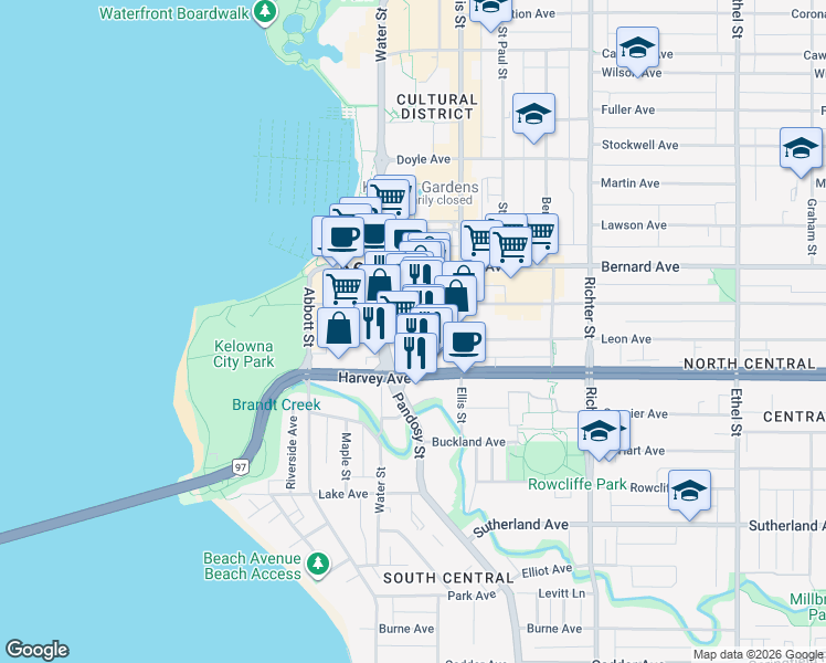 map of restaurants, bars, coffee shops, grocery stores, and more near 380 Harvey Avenue in Kelowna