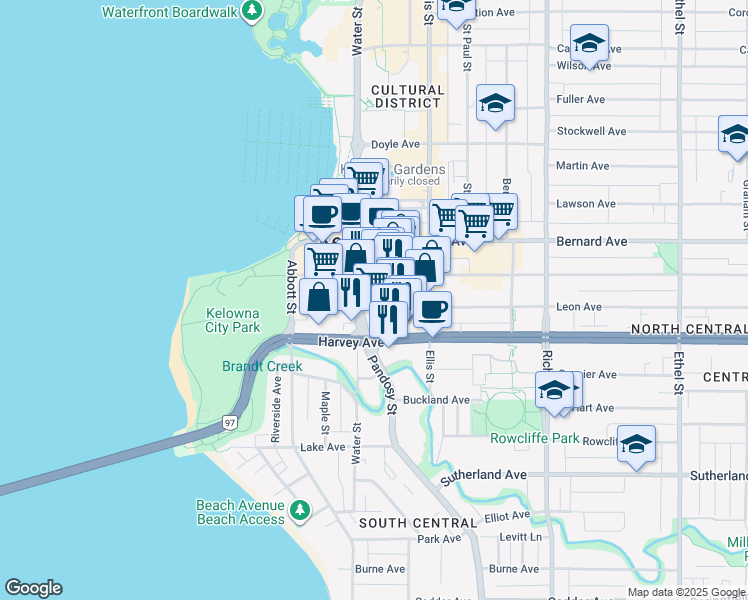map of restaurants, bars, coffee shops, grocery stores, and more near 380 Harvey Avenue in Kelowna