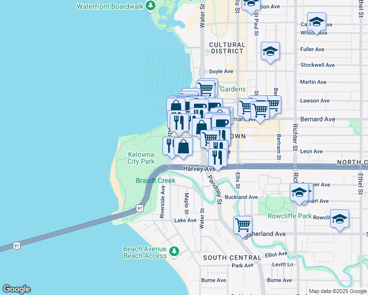 map of restaurants, bars, coffee shops, grocery stores, and more near 1680 Water Street in Kelowna