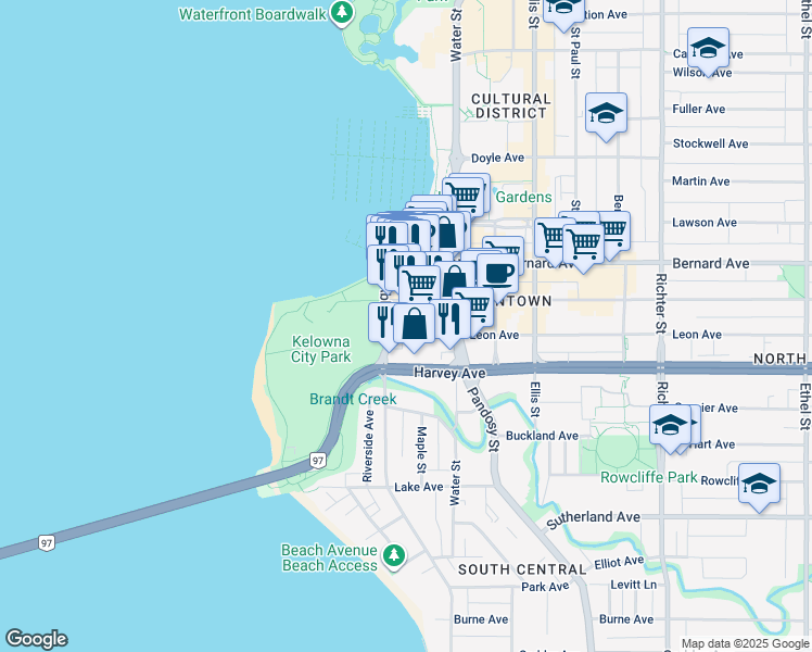 map of restaurants, bars, coffee shops, grocery stores, and more near 224 Leon Avenue in Kelowna