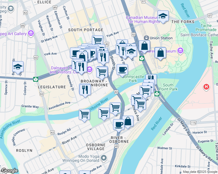 map of restaurants, bars, coffee shops, grocery stores, and more near River Walk in Winnipeg