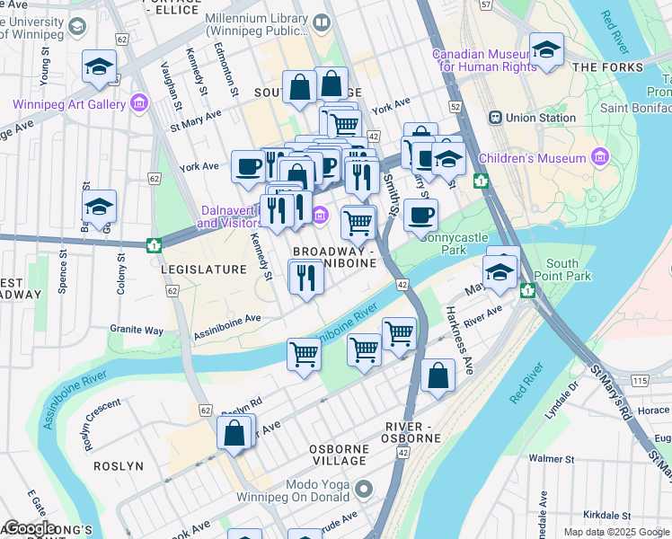 map of restaurants, bars, coffee shops, grocery stores, and more near in Winnipeg
