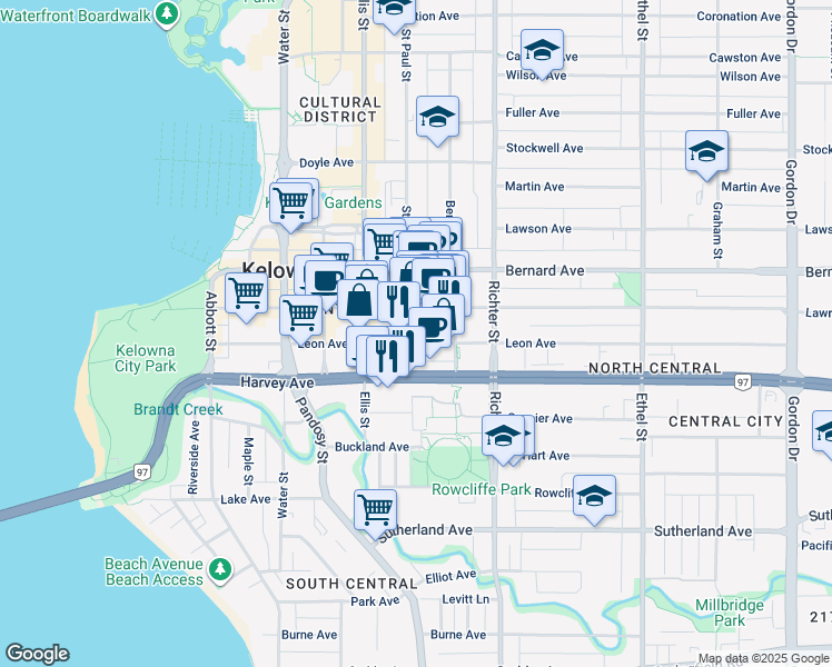 map of restaurants, bars, coffee shops, grocery stores, and more near 554 Harvey Avenue in Kelowna