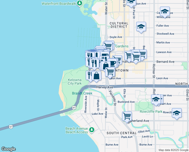 map of restaurants, bars, coffee shops, grocery stores, and more near 224 Leon Avenue in Kelowna