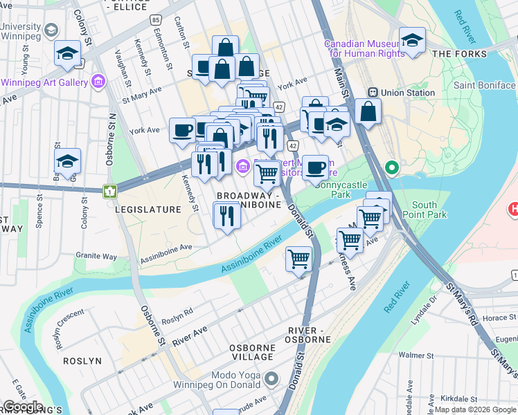 map of restaurants, bars, coffee shops, grocery stores, and more near 375 Assiniboine Avenue in Winnipeg