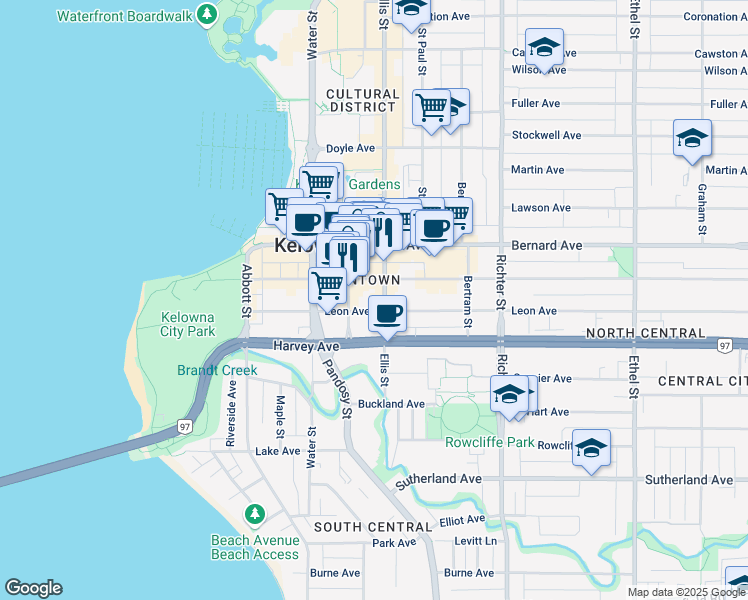 map of restaurants, bars, coffee shops, grocery stores, and more near 459 Bernard Avenue in Kelowna