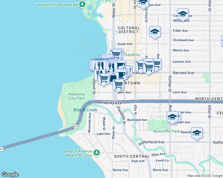 map of restaurants, bars, coffee shops, grocery stores, and more near in Kelowna