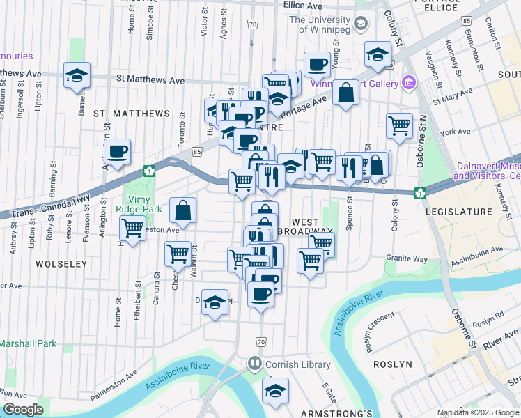 map of restaurants, bars, coffee shops, grocery stores, and more near 228 Sherbrook Street in Winnipeg