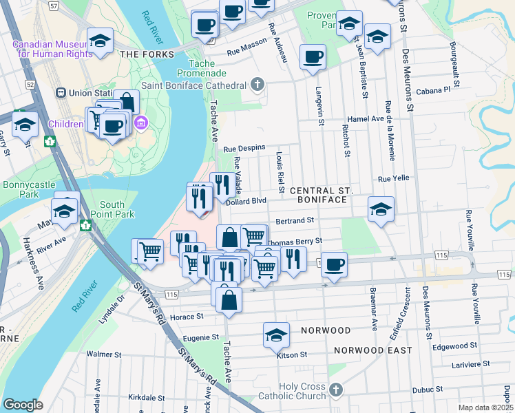 map of restaurants, bars, coffee shops, grocery stores, and more near 170 Dollard Boulevard in Winnipeg