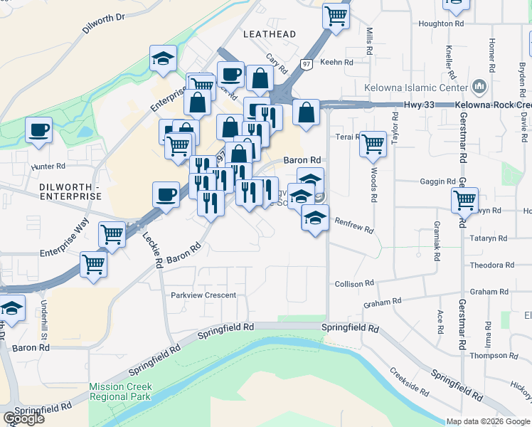 map of restaurants, bars, coffee shops, grocery stores, and more near 360 Spedding Court in Kelowna