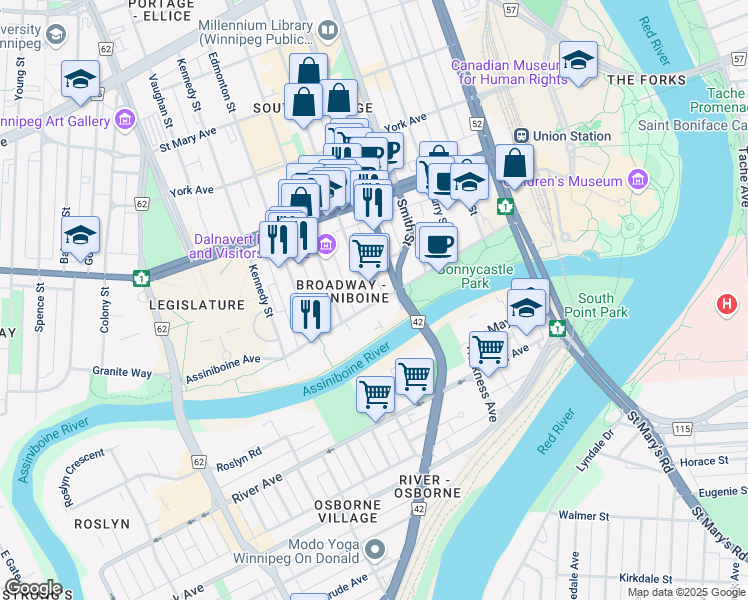 map of restaurants, bars, coffee shops, grocery stores, and more near 357 Assiniboine Avenue in Winnipeg