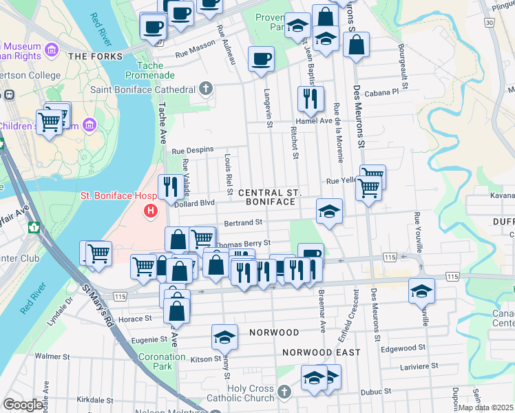 map of restaurants, bars, coffee shops, grocery stores, and more near 243 Dollard Boulevard in Winnipeg