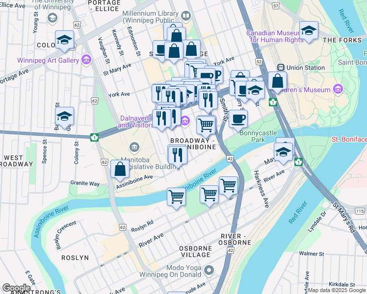 map of restaurants, bars, coffee shops, grocery stores, and more near in Winnipeg