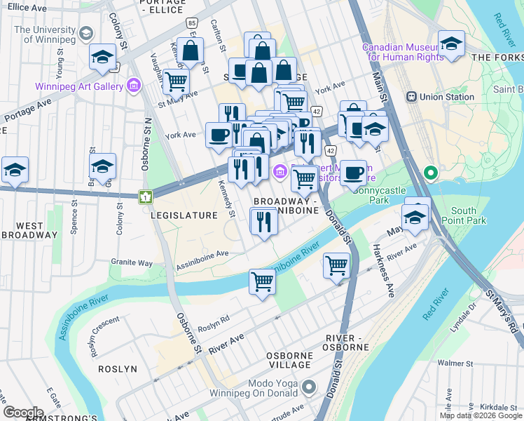 map of restaurants, bars, coffee shops, grocery stores, and more near 43 Edmonton Street in Winnipeg
