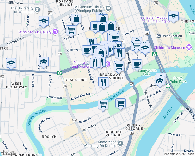 map of restaurants, bars, coffee shops, grocery stores, and more near 52 Edmonton Street in Winnipeg