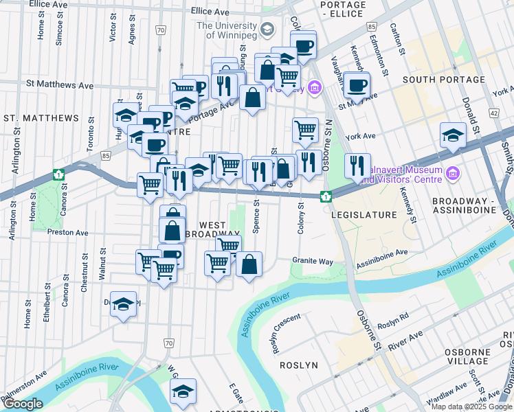map of restaurants, bars, coffee shops, grocery stores, and more near 141 Spence Street in Winnipeg