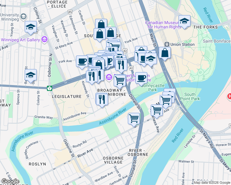 map of restaurants, bars, coffee shops, grocery stores, and more near 33 Hargrave Place in Winnipeg
