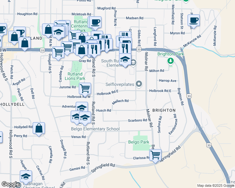 map of restaurants, bars, coffee shops, grocery stores, and more near 270 Holbrook Road East in Kelowna