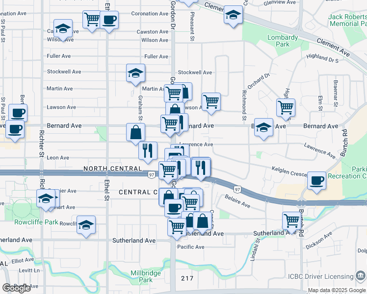 map of restaurants, bars, coffee shops, grocery stores, and more near in Kelowna