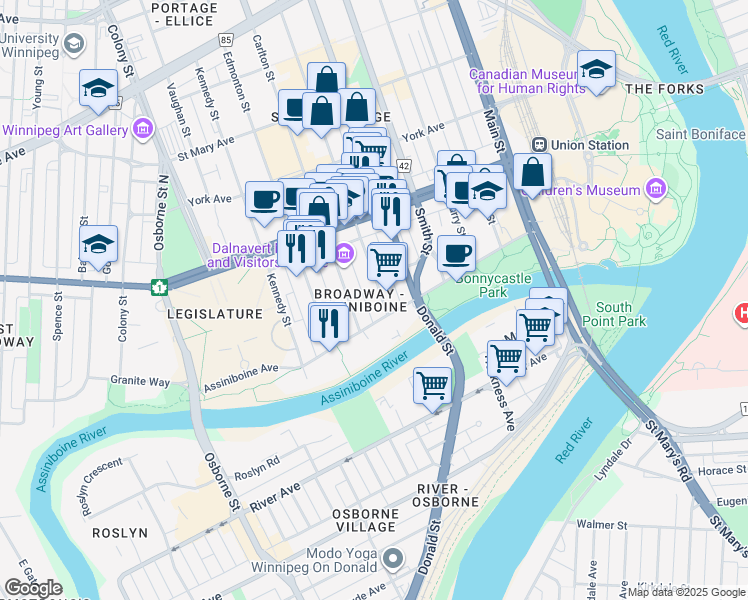map of restaurants, bars, coffee shops, grocery stores, and more near 33 Hargrave Place in Winnipeg