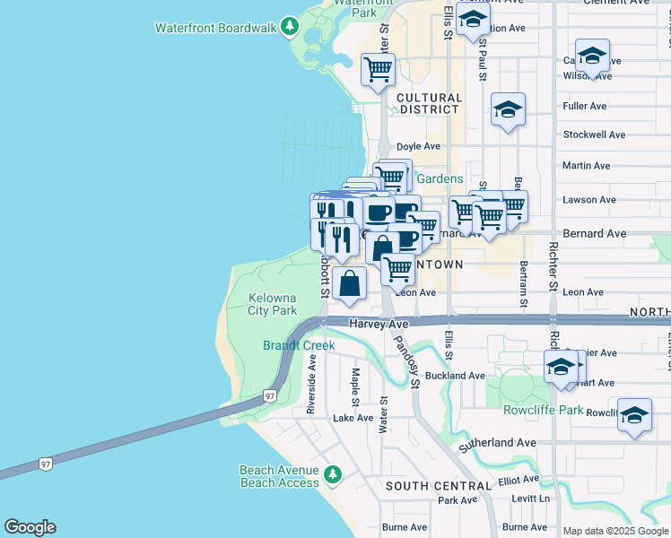 map of restaurants, bars, coffee shops, grocery stores, and more near 215 Abbott Street in Kelowna